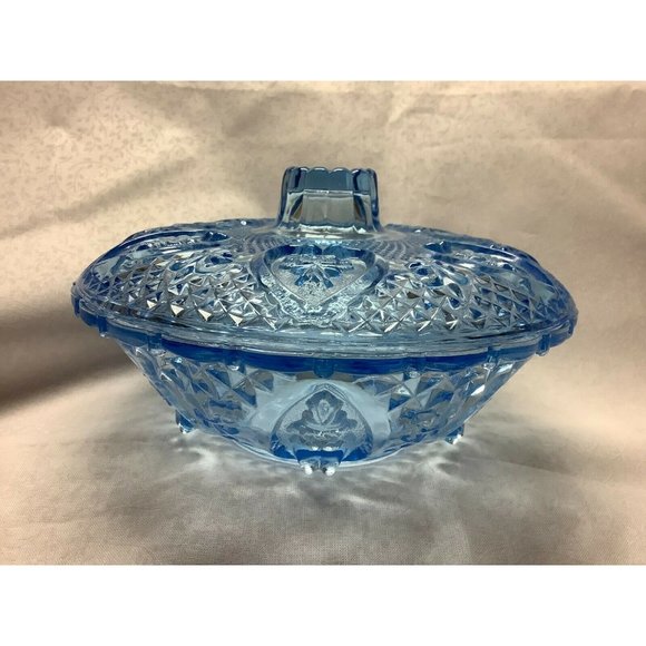 Indiana Glass Aqua Lidded Candy Dish, Heart and Flowers Pattern - Picture 1 of 11